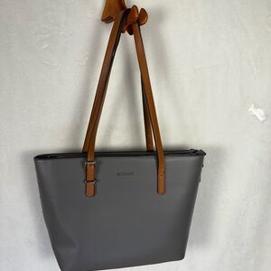 Westbronco Gray Faux Leather Tote Bag with Brown Straps purse